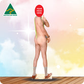Cardboard cutout of a person with 'Your Head Here' placeholder against a colorful background with Australian Made logo.